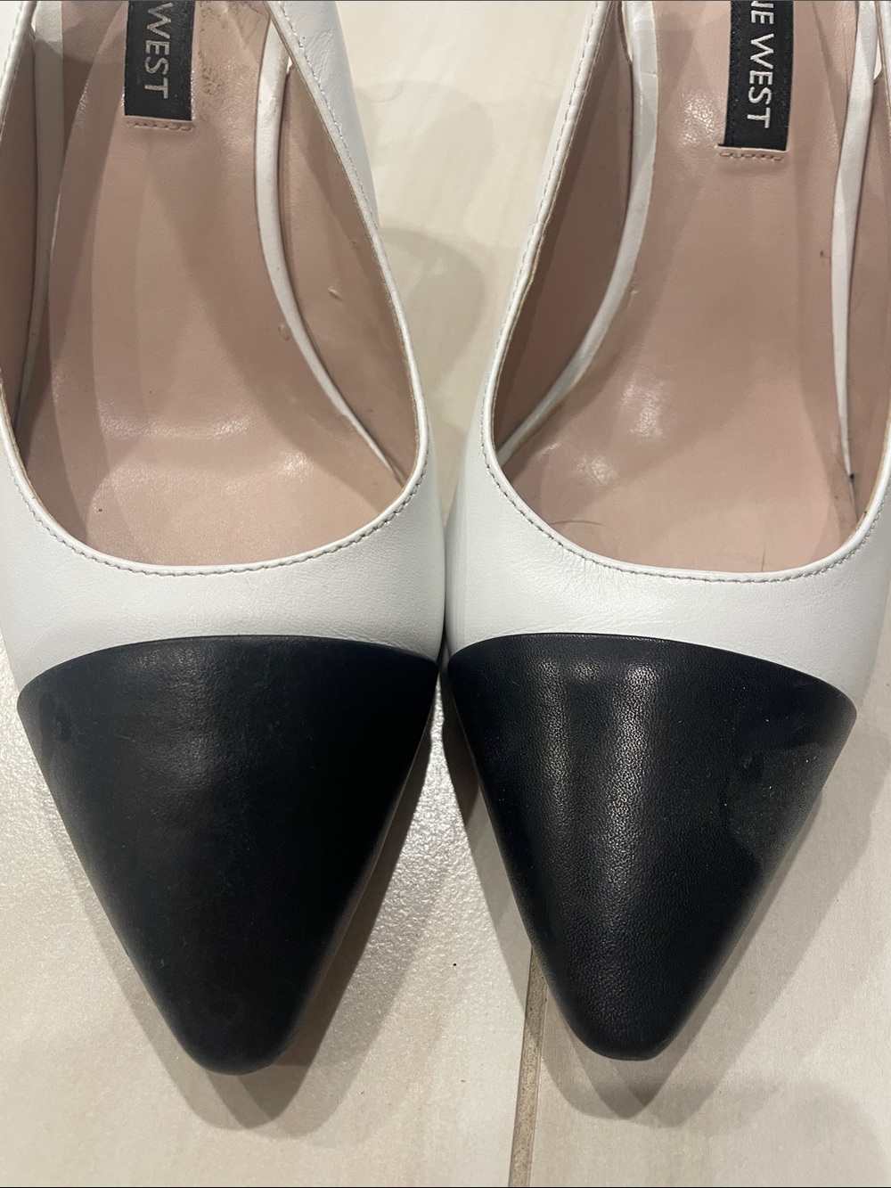 Nine West Two-Tone White Leather Pumps with Black Pointed Cap. Worn once.